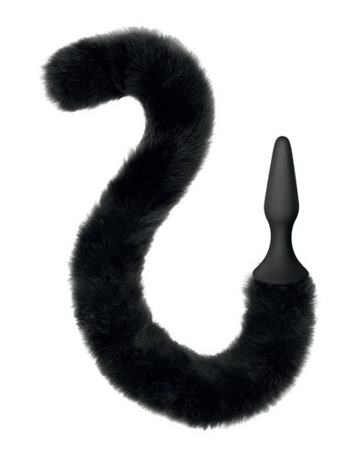 בט פלאג סיליקוני עם זנב חתול פרוותי שחור וארוך עם חוליות ומפרקים (סינטטי)